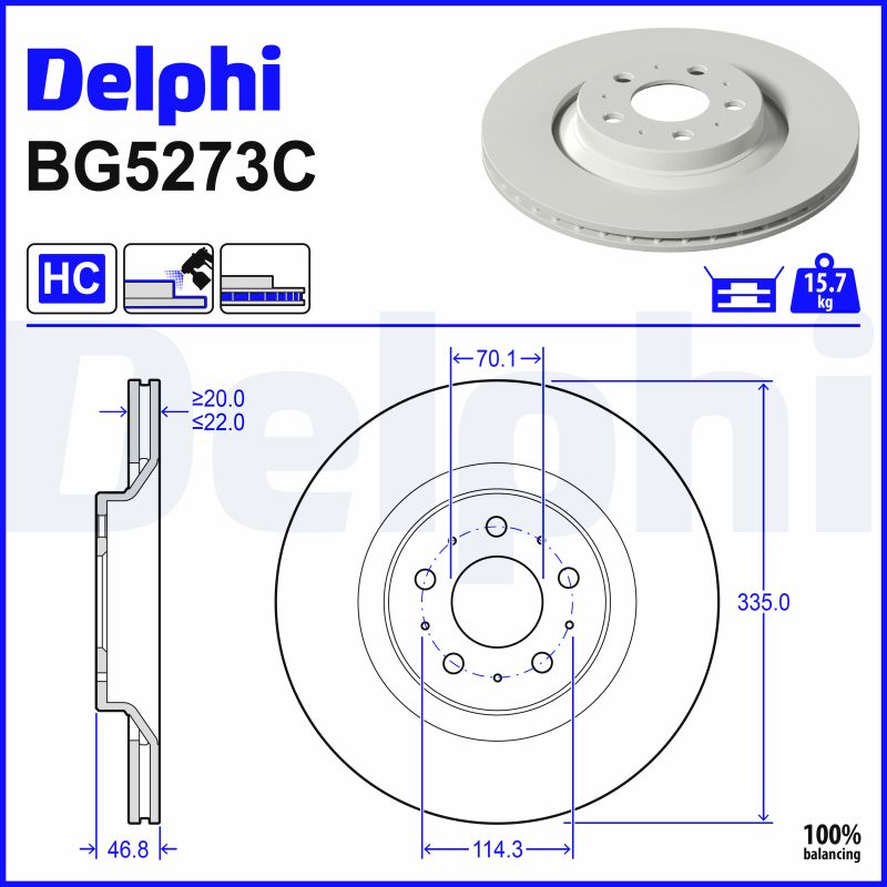 DELPHI Bremseskive bg5273c 335mm 22mm for TESLA