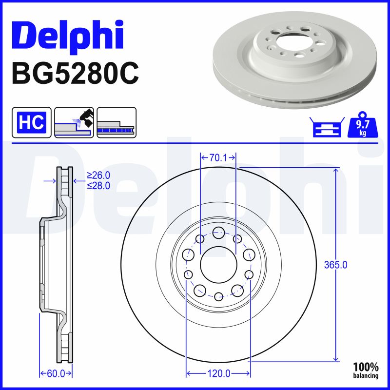 DELPHI Bremseskive bg5280c 365mm 28mm for TESLA