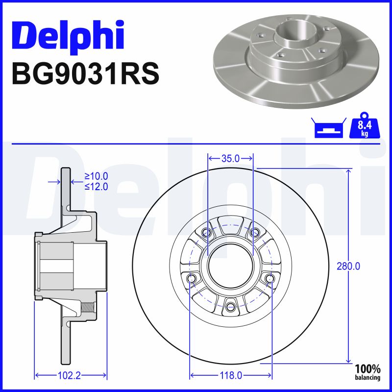 DELPHI Bremseskive bg9031rs 280mm 12mm for OPEL VAUXHALL NISSAN RENAULT