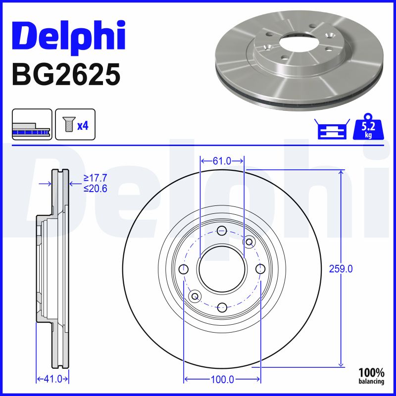 DELPHI Bremseskive bg2625 259mm 21mm for NISSAN DACIA RENAULT