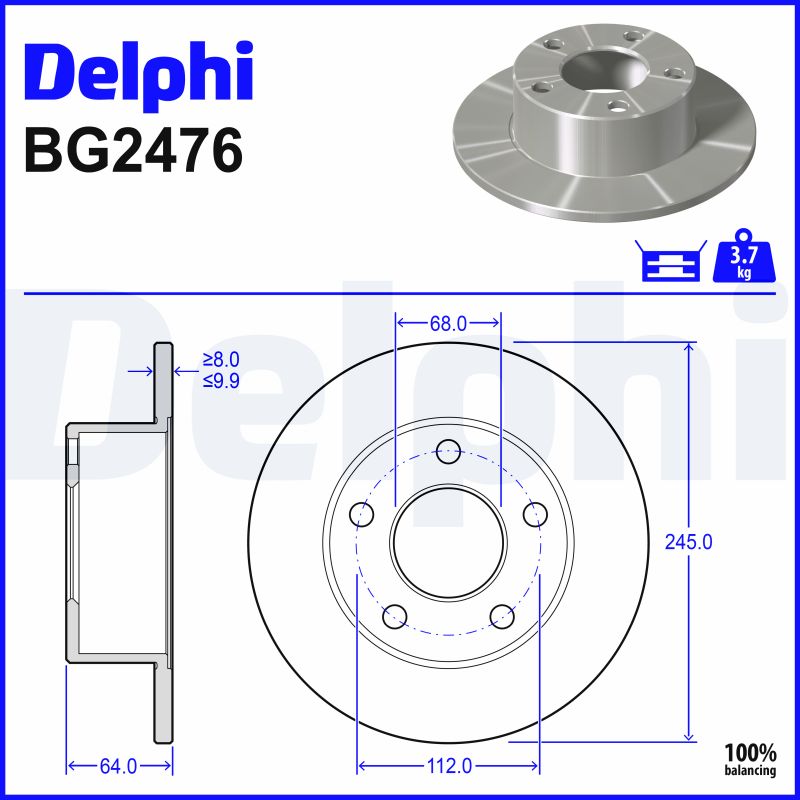 DELPHI Bremseskive bg2746 245mm 10mm for AUDI VW