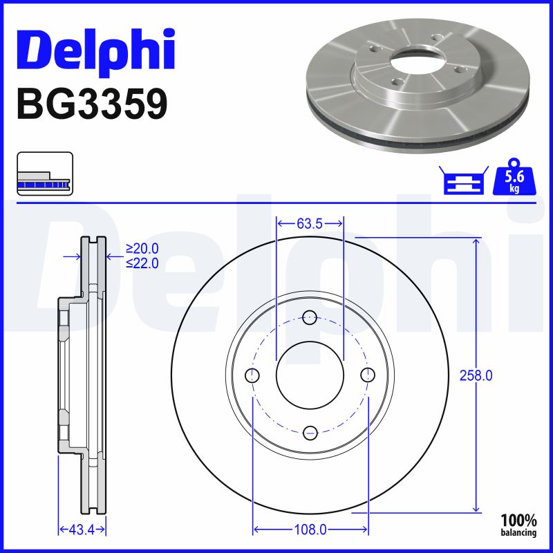 DELPHI Bremseskive bg3359 258mm 22mm for FORD MAZDA