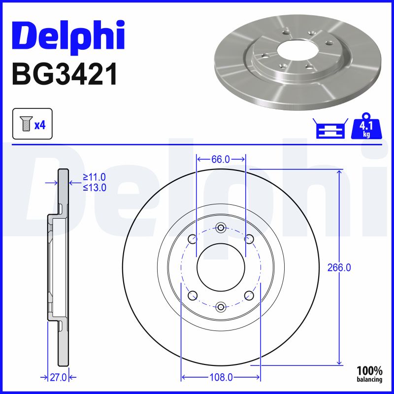 DELPHI Bremseskive bg3421 266mm 13mm for PEUGEOT