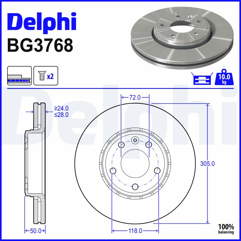 DELPHI Bremseskive bg3768 305mm 28mm for NISSAN OPEL VAUXHALL RENAULT