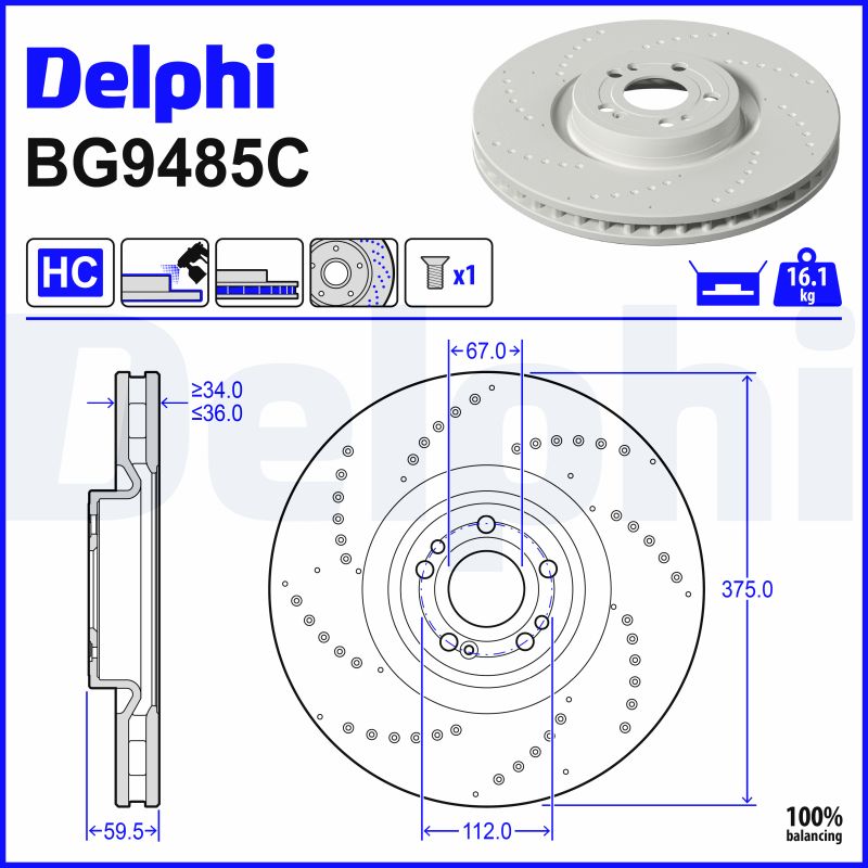 DELPHI Bremseskive bg9485c perforeret 375mm 36mm for MERCEDES-BENZ