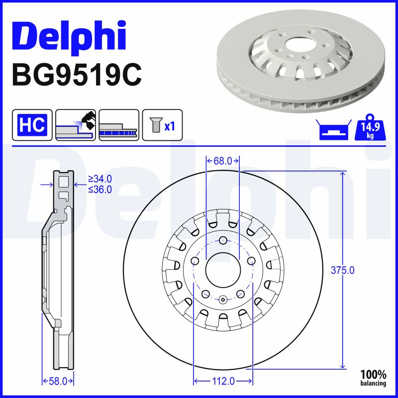 DELPHI Bremseskive bg9519c 375mm 36mm for AUDI (FAW) AUDI