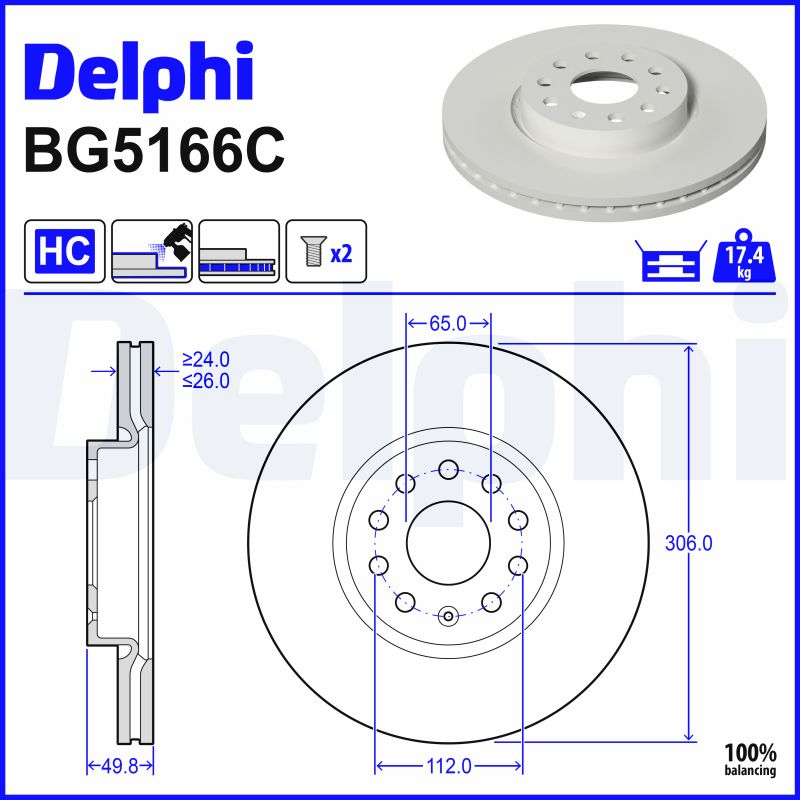 DELPHI Bremseskive bg5166c 306mm 26mm for FORD AUDI VW