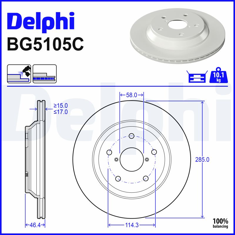 DELPHI Bremseskive BG5105C 285mm 17mm for SUBARU