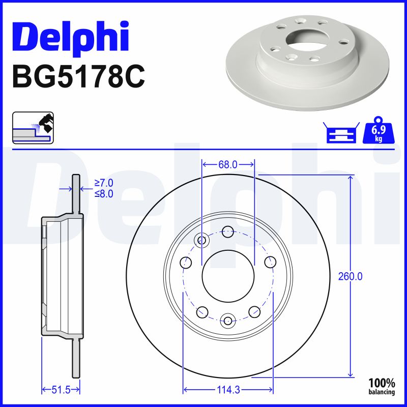 DELPHI Bremseskive bg5178c 260mm 8mm for NISSAN RENAULT