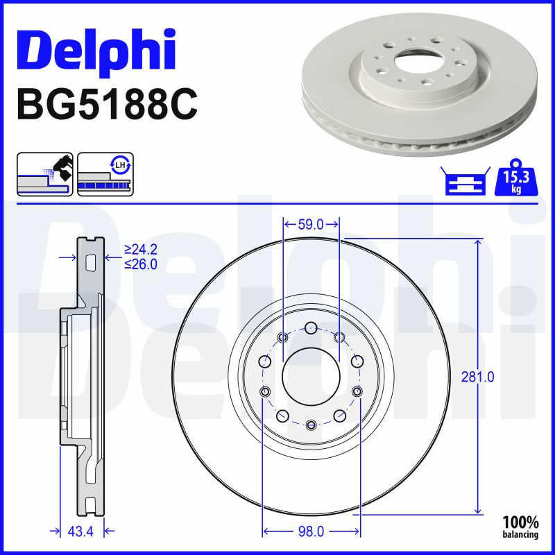 DELPHI Bremseskive bg5188c 281mm 26mm for FIAT