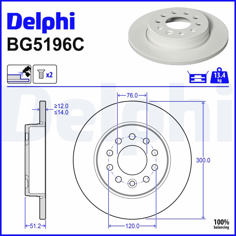 DELPHI Bremseskive bg5196c 300mm 14mm for VW