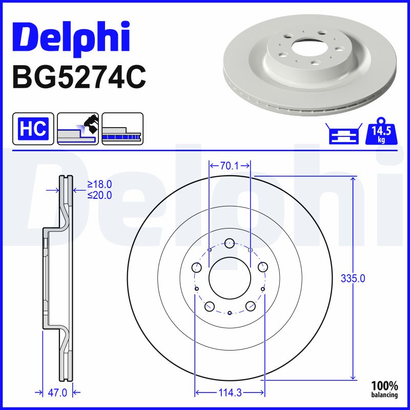 DELPHI Bremseskive bg5274c 335mm 20mm for TESLA