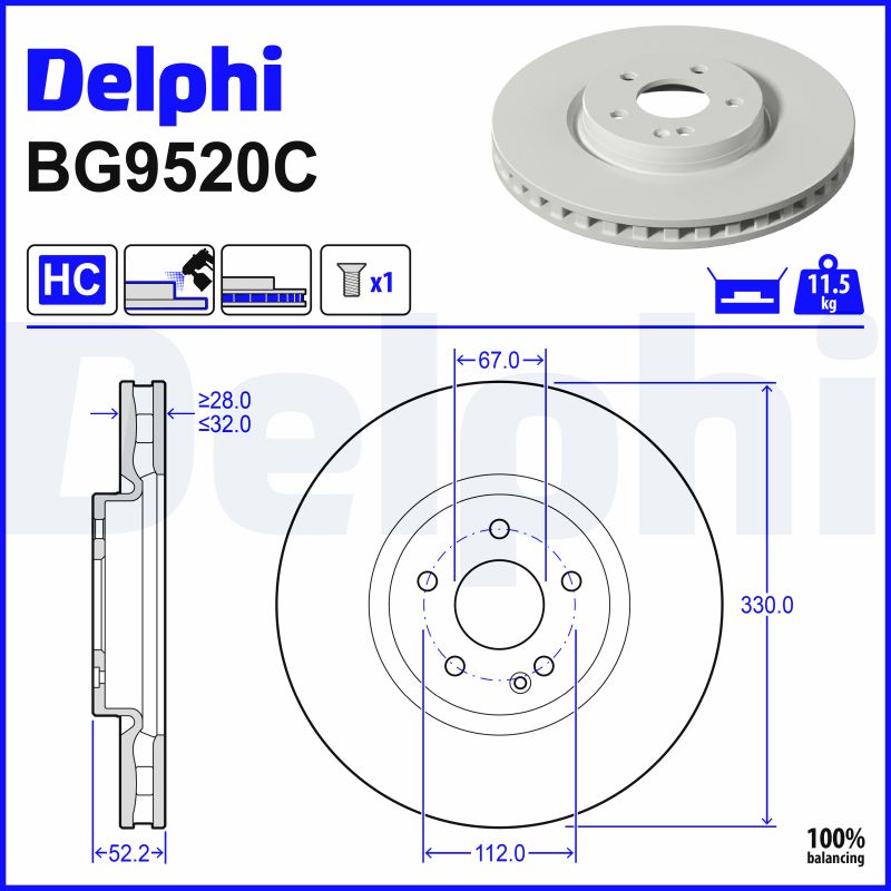 DELPHI Bremseskive BG9520C 330mm 32mm for MERCEDES-BENZ