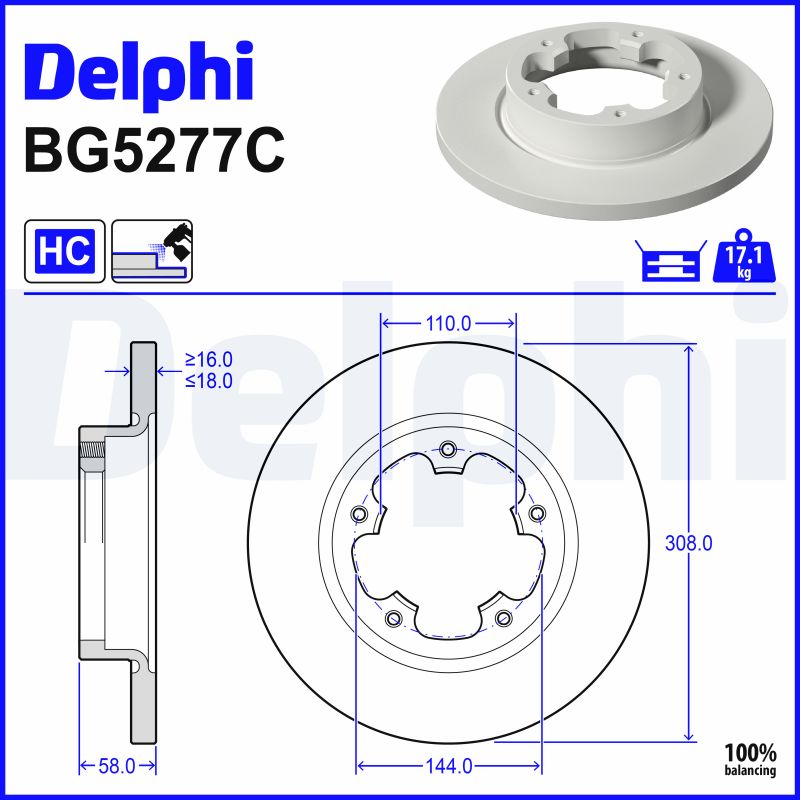 DELPHI Bremseskive BG5277C 308mm 18mm for FORD
