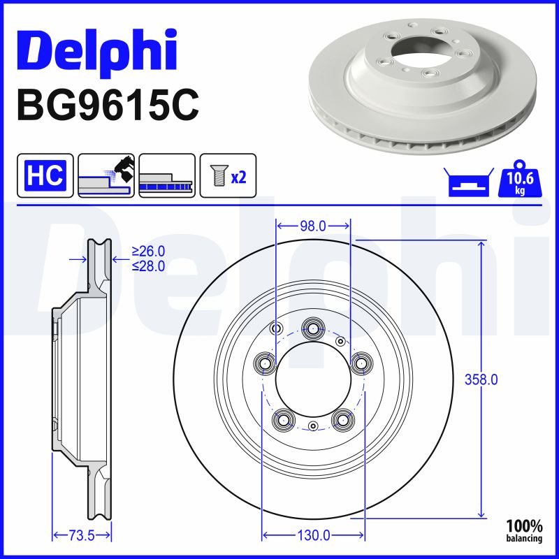 DELPHI Bremseskive bg9615c 358mm 28mm for PORSCHE