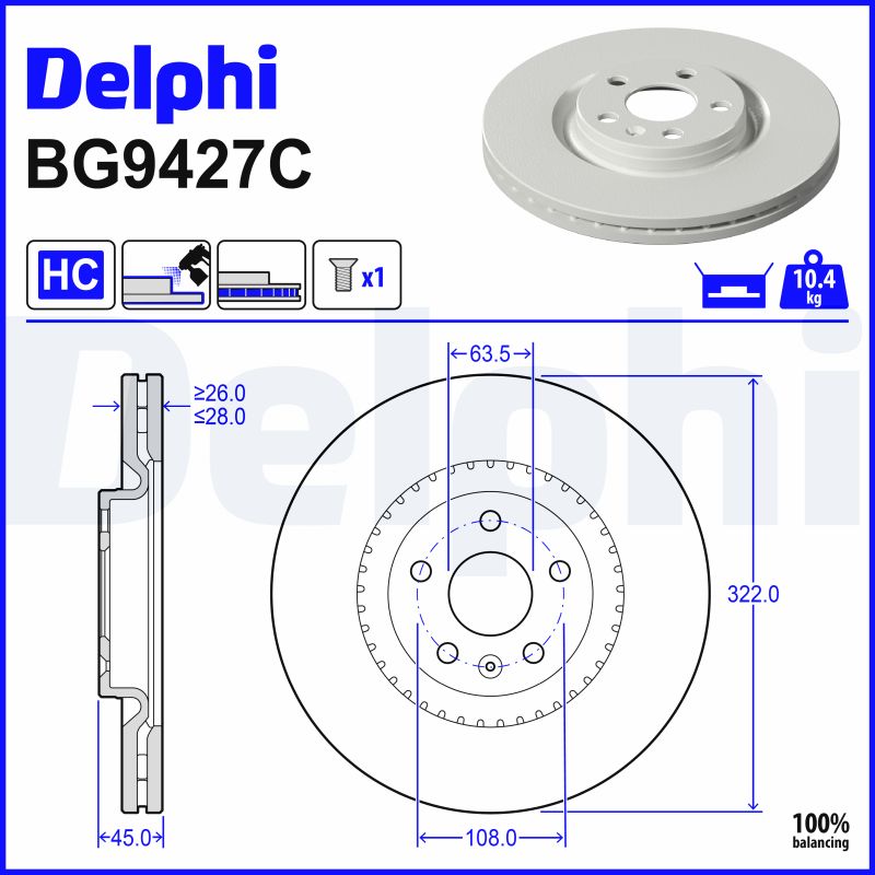 DELPHI Bremseskive bg9427c 322mm 28mm for VOLVO ASIA