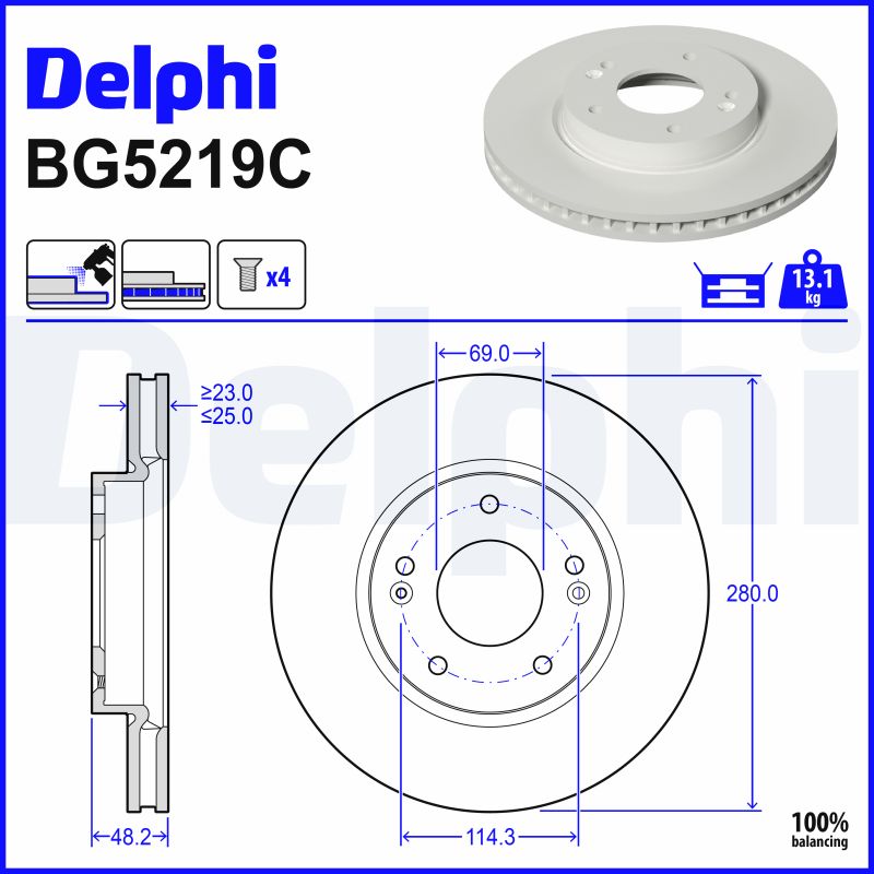 DELPHI Bremseskive bg5219c 280mm 25mm for KIA HYUNDAI