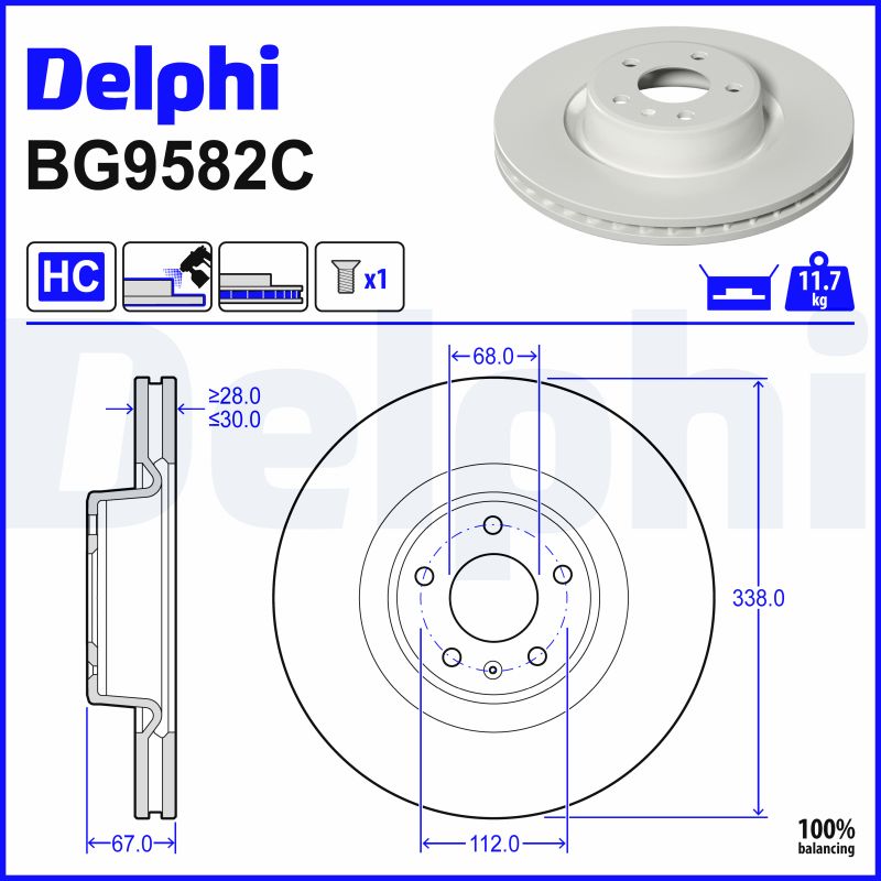 DELPHI Bremseskive bg9582c 338mm 30mm for AUDI