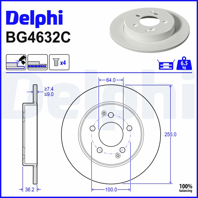 DELPHI Bremseskive bg4632c 255mm 9mm for MG