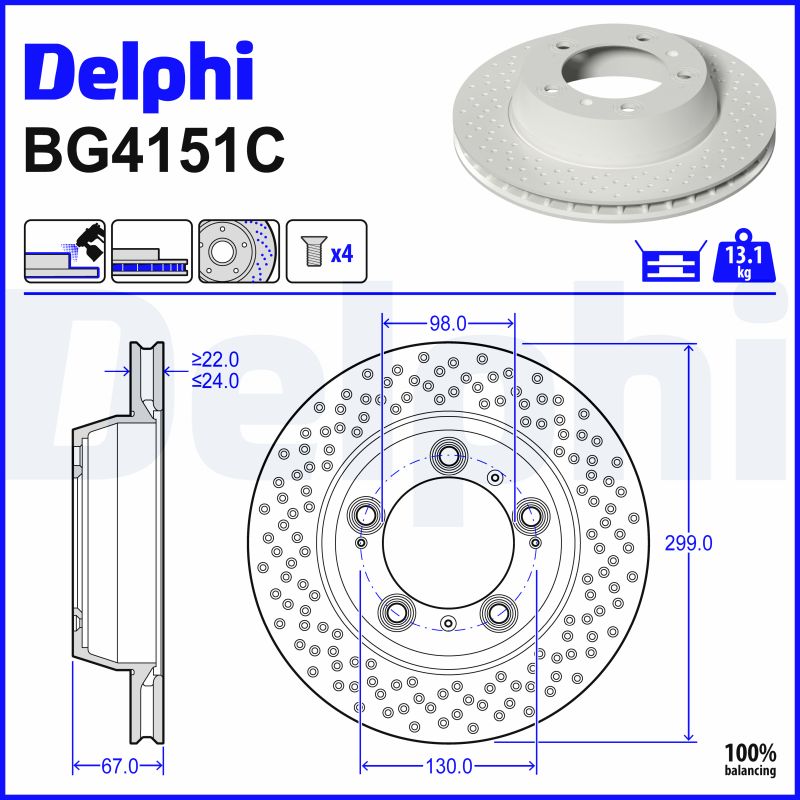 DELPHI Bremseskive bg4151c perforeret 299mm 24mm for PORSCHE
