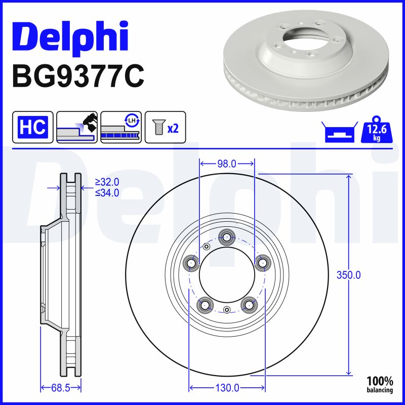 DELPHI Bremseskive bg9377c 350mm 34mm for PORSCHE
