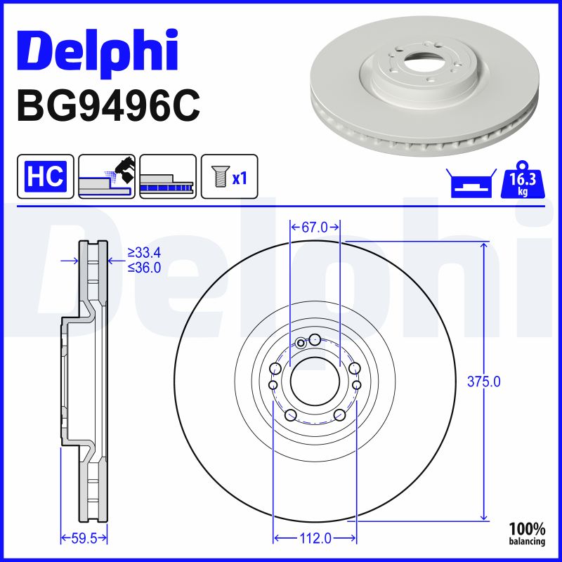 DELPHI Bremseskive bg9496c 375mm 36mm for MERCEDES-BENZ