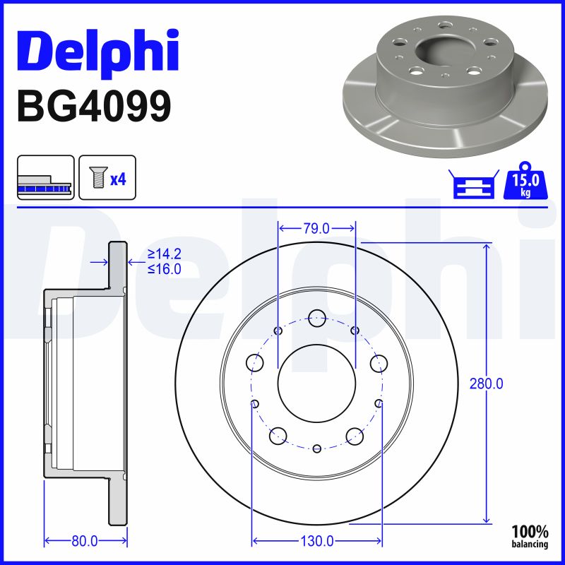DELPHI Bremseskive bg4099 280mm 16mm for PEUGEOT CITROËN FIAT VAUXHALL