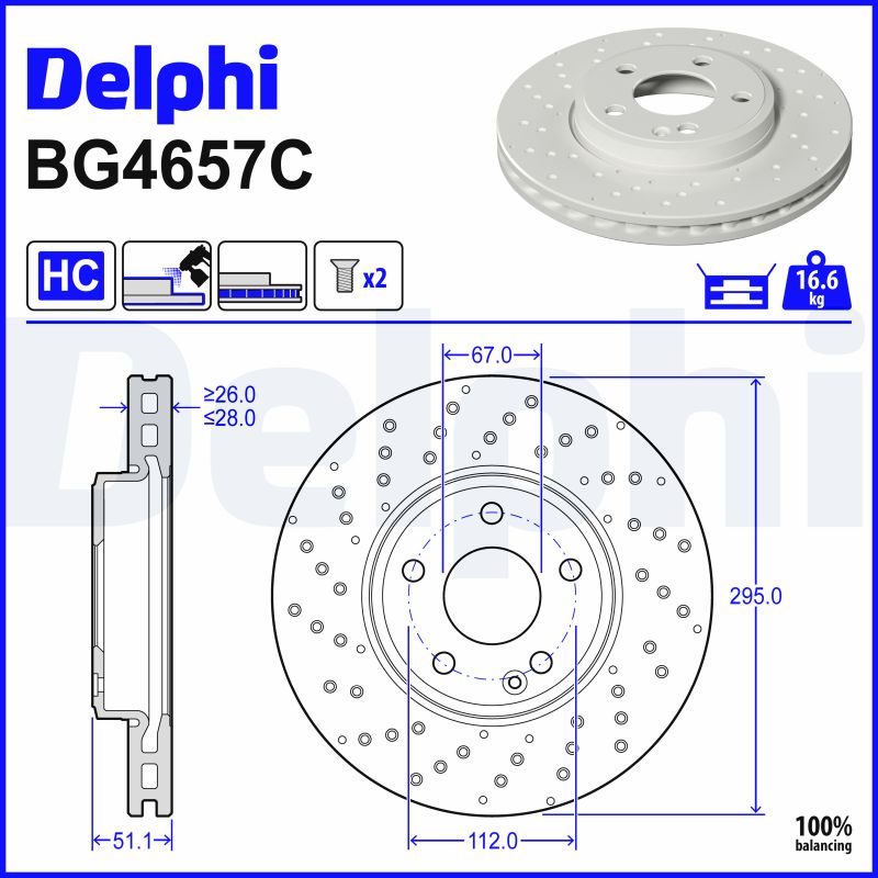 DELPHI Bremseskive bg4657c perforeret 295mm 28mm for MERCEDES-BENZ BEIJING BENZ (BBDC)