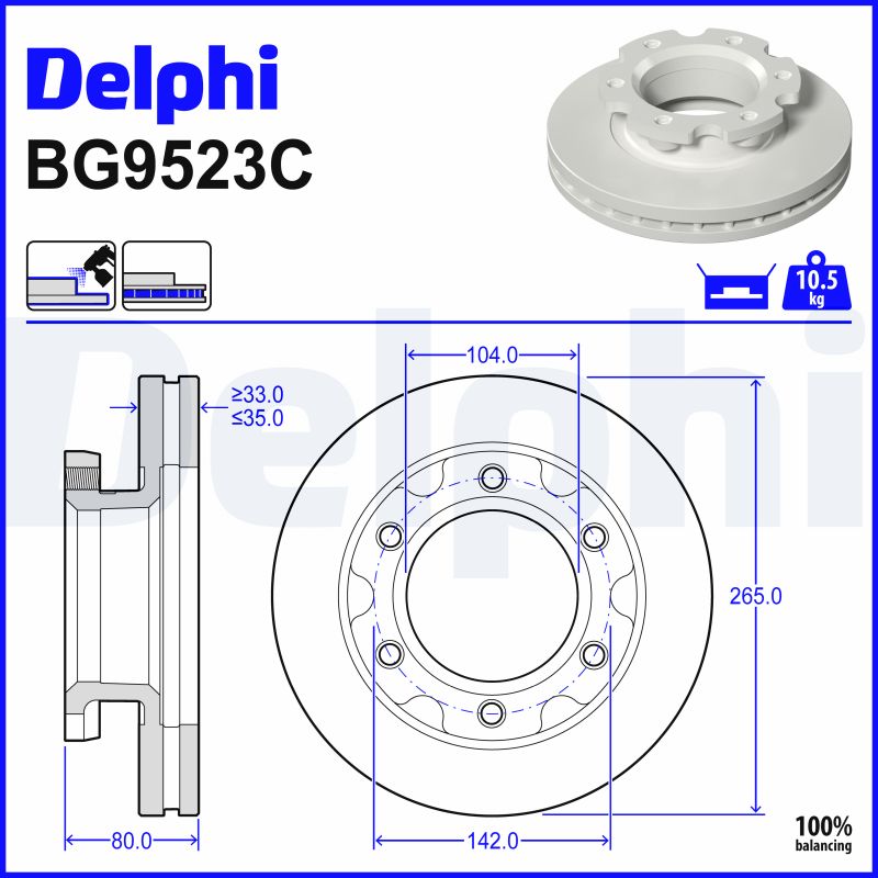 DELPHI Bremseskive bg9523c 265mm 35mm for ISUZU