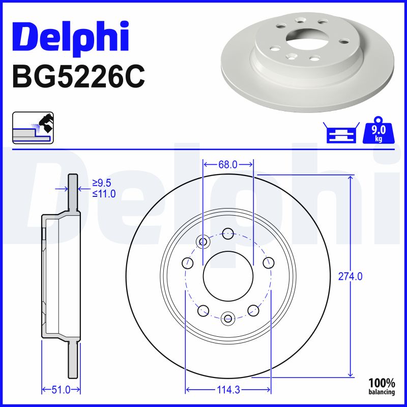 DELPHI Bremseskive bg5226c 274mm 11mm for MERCEDES-BENZ RENAULT