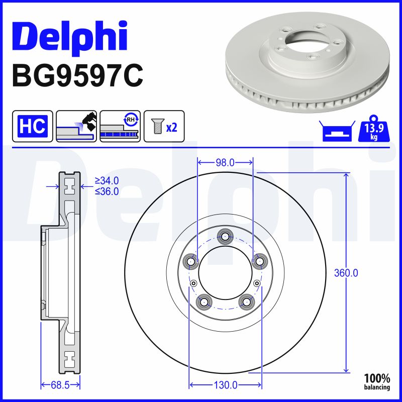 DELPHI Bremseskive bg9597c 360mm 36mm for PORSCHE