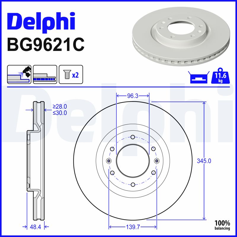 DELPHI Bremseskive bg9621c 345mm 30mm for HYUNDAI