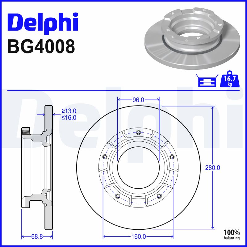 DELPHI Bremseskive bg4008 280mm 16mm for FORD