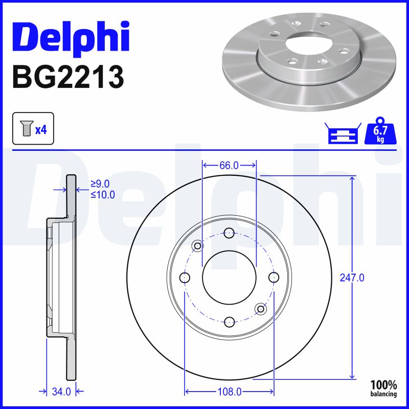 DELPHI Bremseskive bg2213 247mm 10mm for CITROËN PEUGEOT