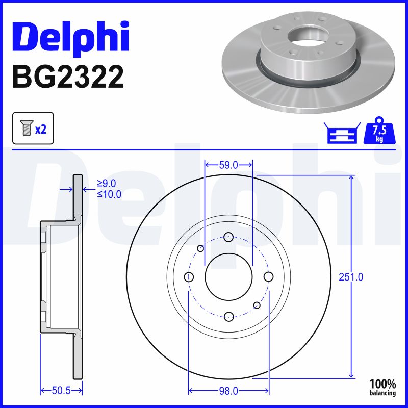 DELPHI Bremseskive bg2322 252mm 10mm for LANCIA FIAT ALFA ROMEO