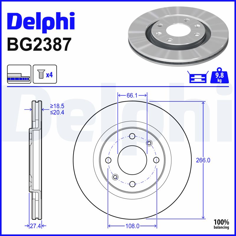 DELPHI Bremseskive bg2387 266mm 20mm for CITROËN PEUGEOT