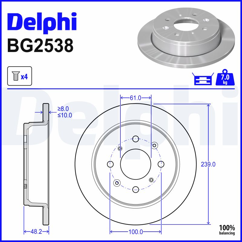 DELPHI Bremseskive BG2538 239mm 10mm for ACURA HONDA ROVER MG LOTUS
