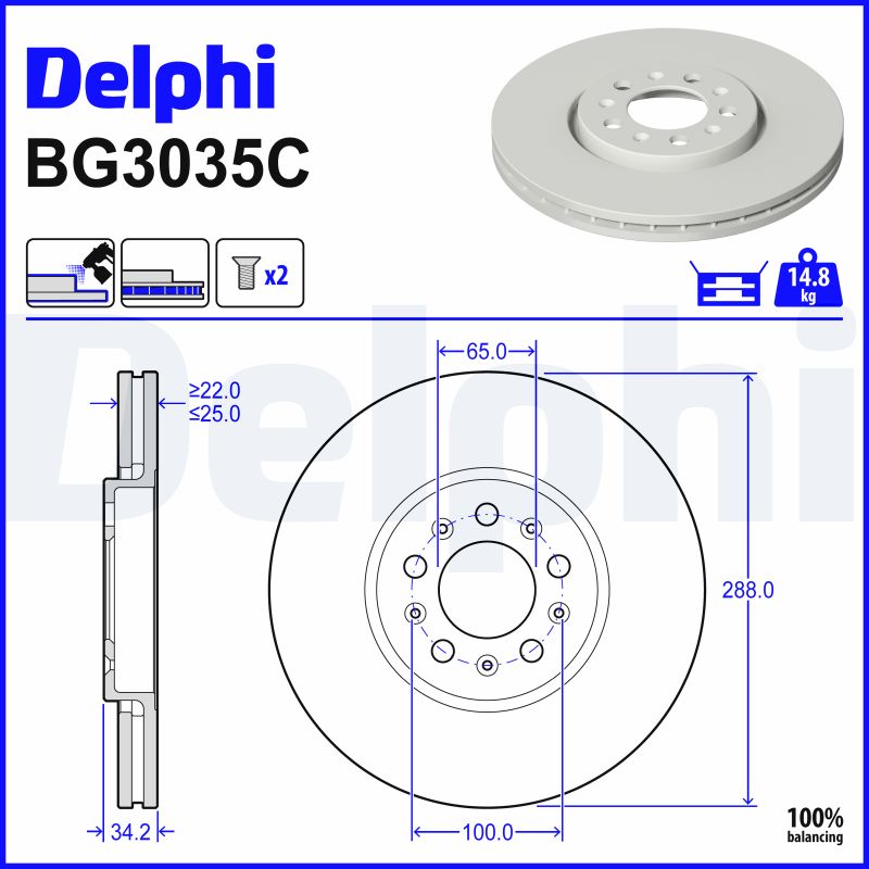 DELPHI Bremseskive bg3035c 288mm 25mm for VW VW (FAW) SKODA (SVW)