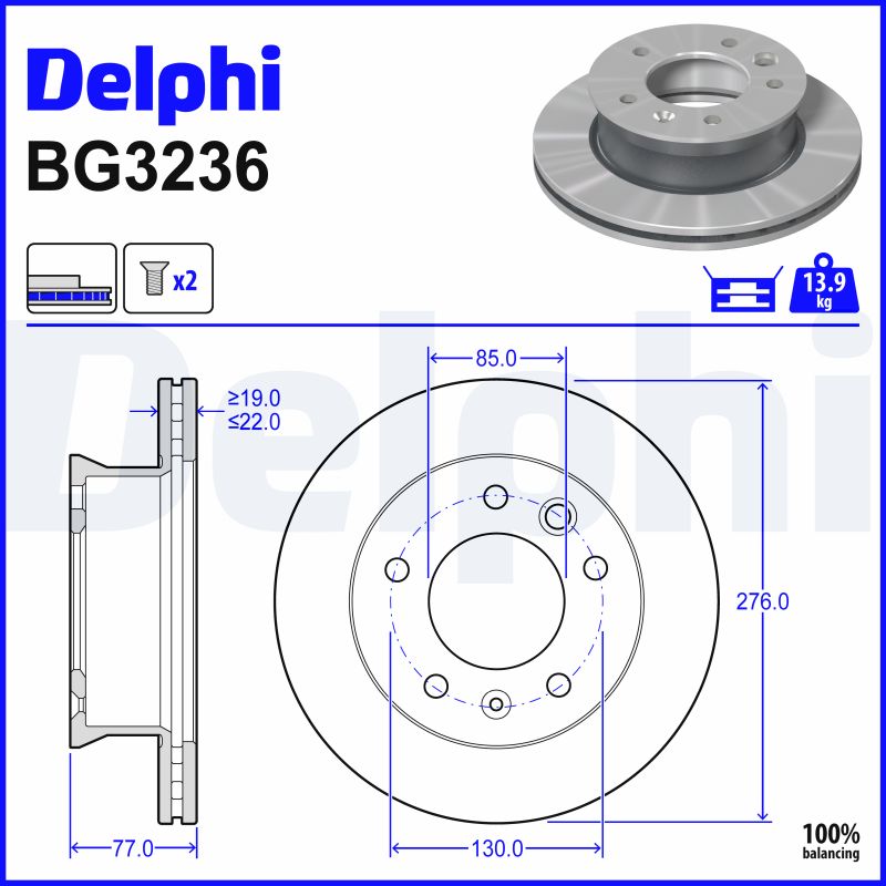 DELPHI Bremseskive bg3236 276mm 22mm for MERCEDES-BENZ VW