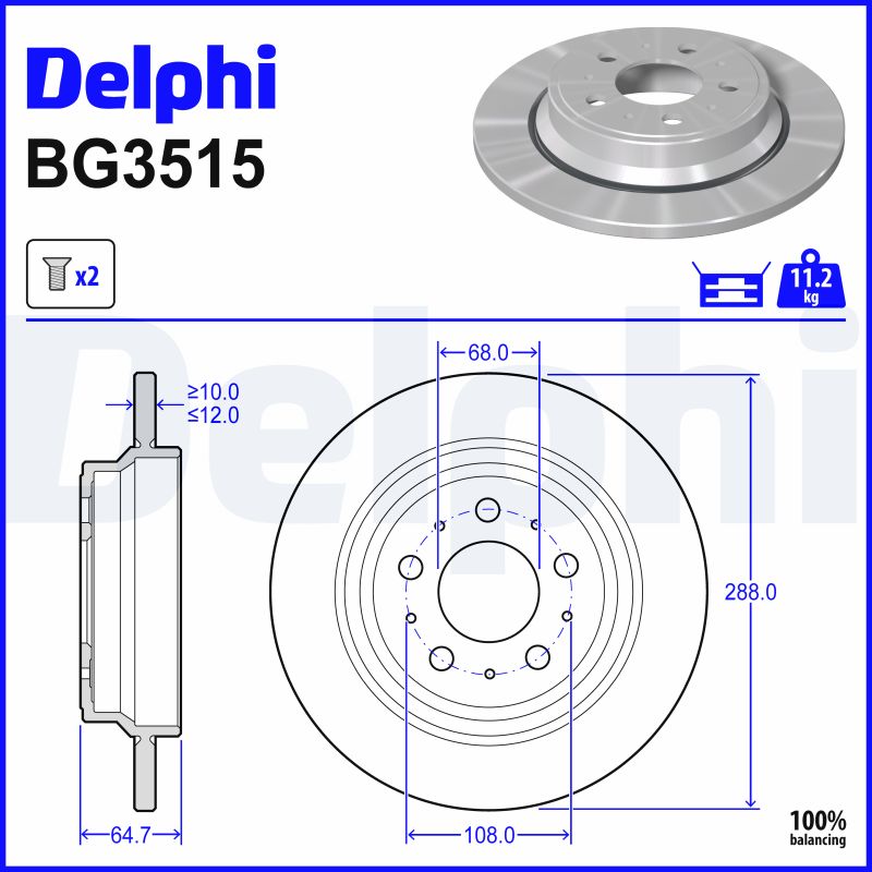 DELPHI Bremseskive bg3515 288mm 12mm for VOLVO