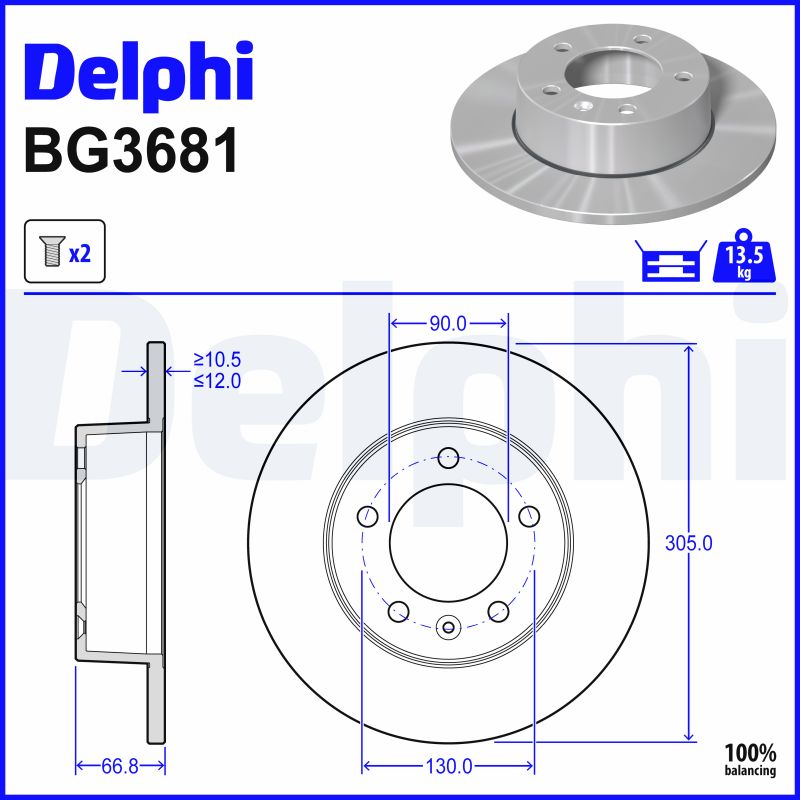 DELPHI Bremseskive bg3681 305mm 12mm for OPEL VAUXHALL NISSAN RENAULT