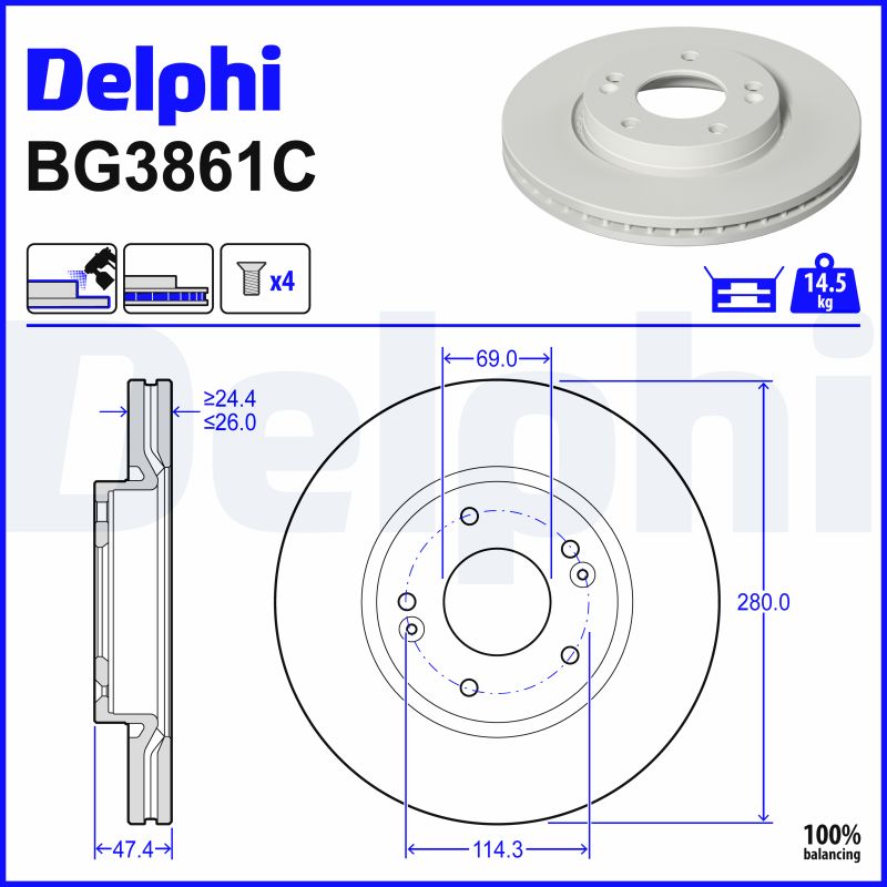 DELPHI Bremseskive bg3861c 280mm 26mm for BYD HYUNDAI HYUNDAI (BEIJING) KIA KIA (DYK) ENGLON