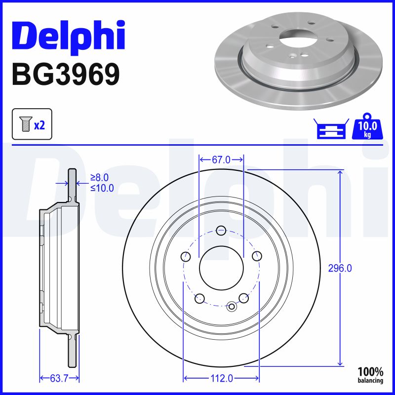 DELPHI Bremseskive bg3969 296mm 10mm for MERCEDES-BENZ
