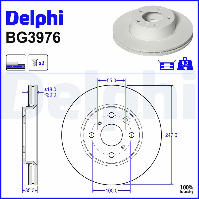 DELPHI Bremseskive bg3976 247mm 20mm for PEUGEOT CITROËN BYD GEELY TOYOTA JAC