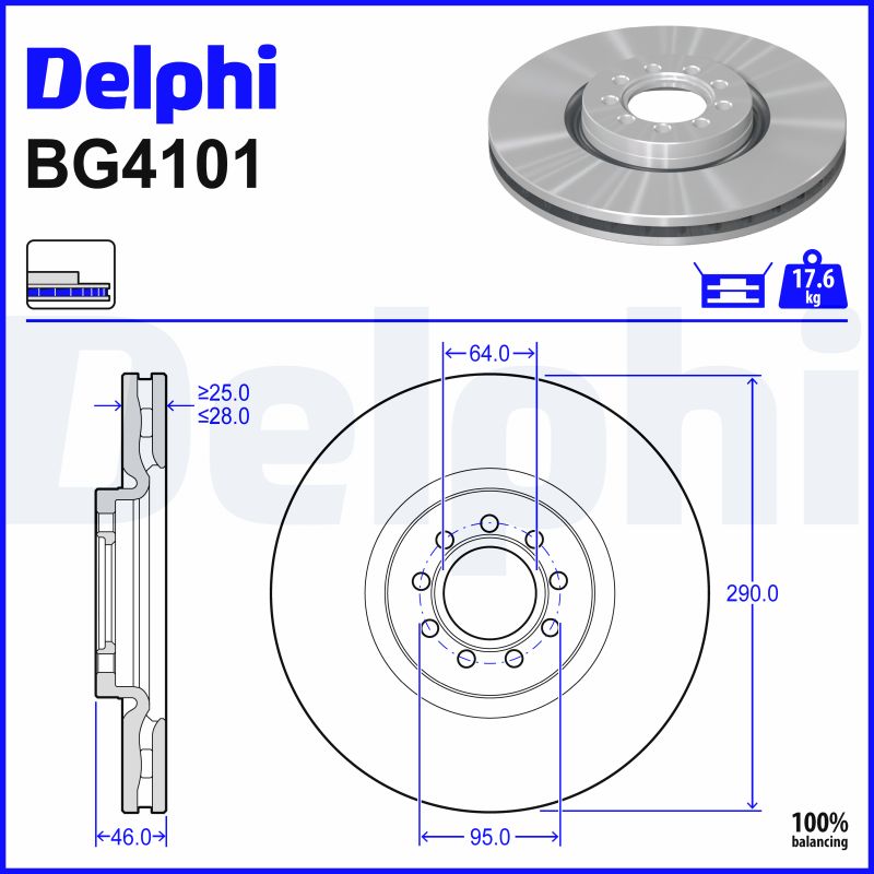 DELPHI Bremseskive bg4101 290mm 28mm for IVECO