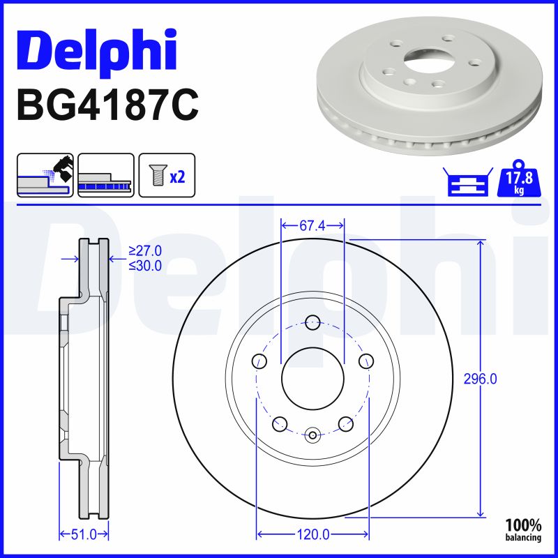 DELPHI Bremseskive bg4187c 296mm 30mm for VAUXHALL OPEL CHEVROLET