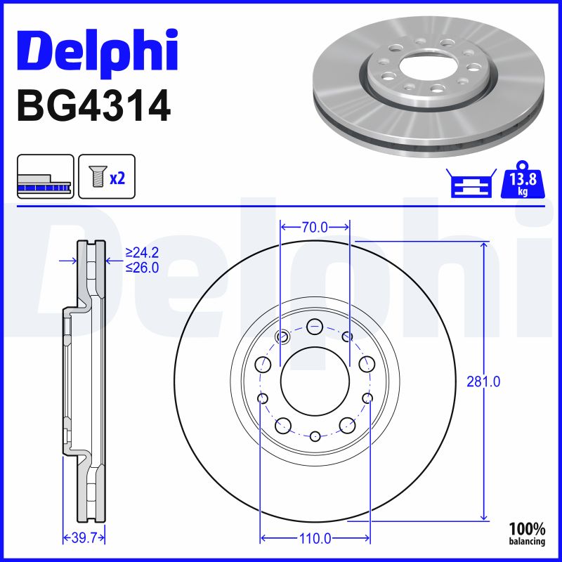 DELPHI Bremseskive bg4314 281mm 26mm for ALFA ROMEO JEEP