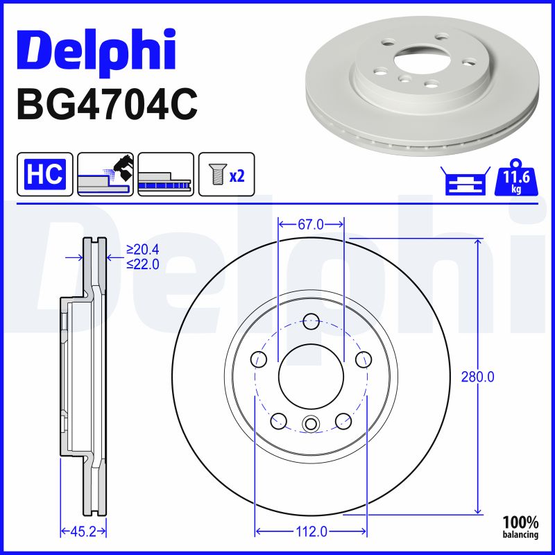 DELPHI Bremseskive bg4704c 280mm 22mm for MINI