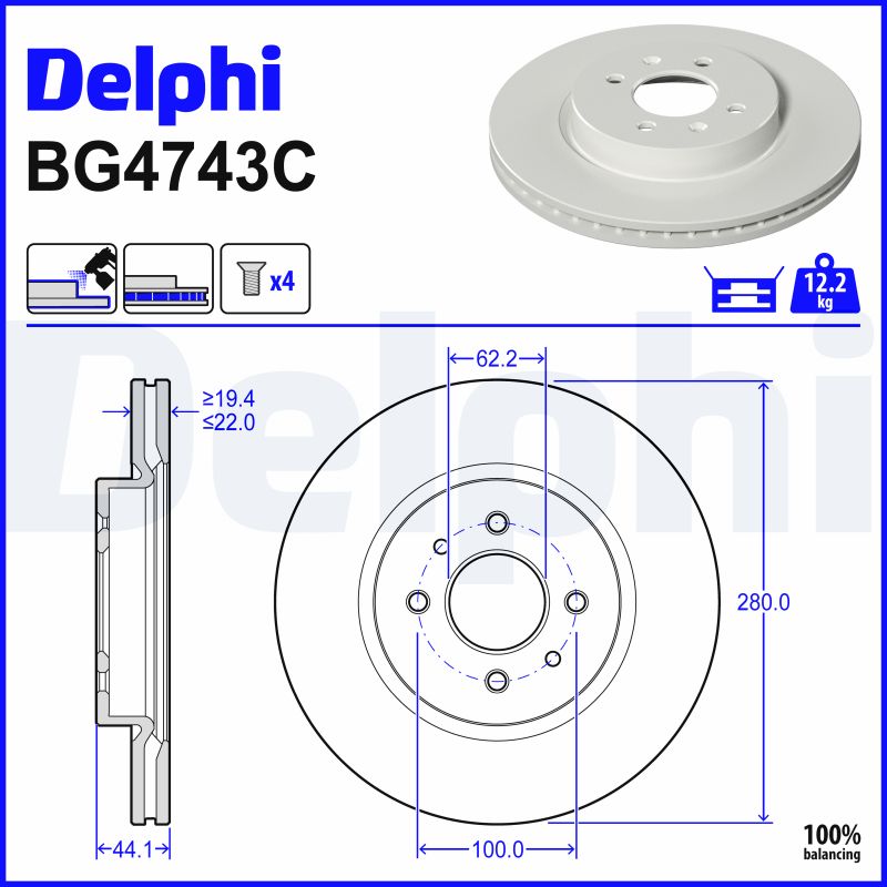 DELPHI Bremseskive bg4743c 280mm 22mm for HYUNDAI KIA