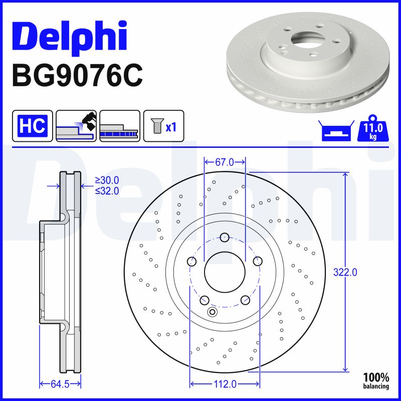 DELPHI Bremseskive bg9076c perforeret 322mm 32mm for MERCEDES-BENZ BEIJING BENZ (BBDC)
